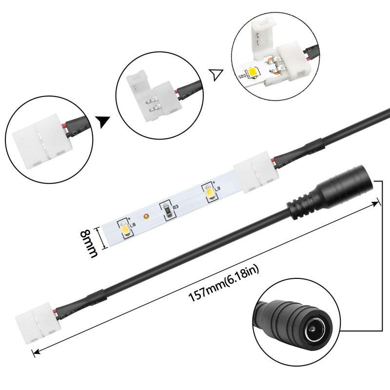 LightingWill 10pcs/Pack DC Female Plug Solderless Snap Down 2Pin Conductor LED Connector for Quick Splitter Connection of 8mm Wide 3528 2835 Single Color Flex LED Strips - Image 2